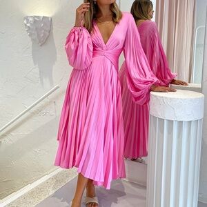 Acler Palms Pink Pleated V-Neck Midi Dress NEW WITH TAGS